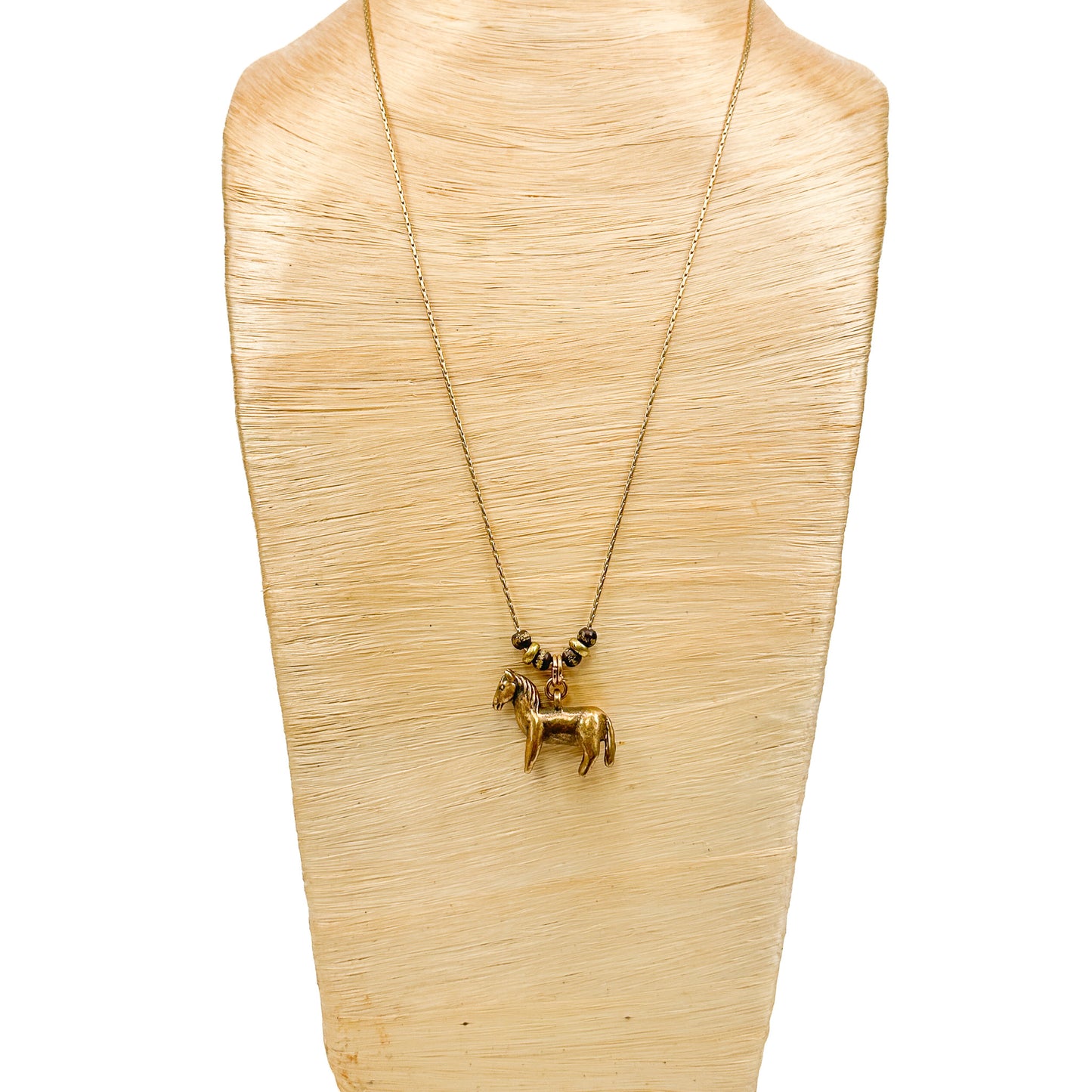 Antiqued Brass Horse Pendant Necklace with Spacer Beads (J358)