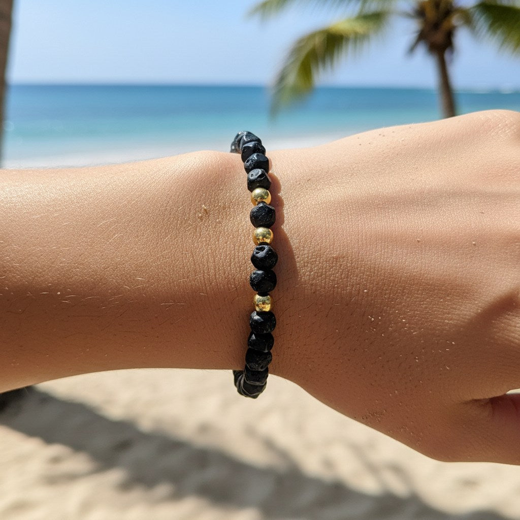 AI Enhanced – Put this on a model at the beach as a bracelet. Put 4mm gold round beads in between the garnets, every 3 beads.
Black Garnet Semi-Matte Nugget Bead
Quantity: 1 pc.
Hole fits up to 22 gauge