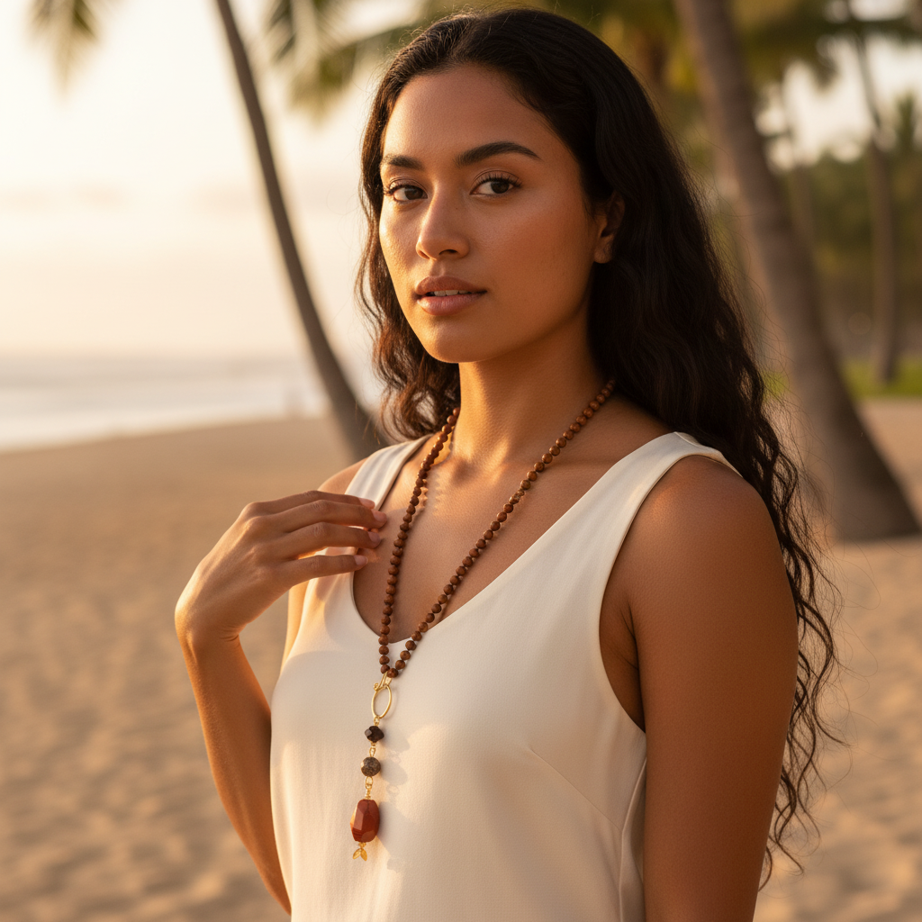 AI Enhanced – Freeform – put the necklace on a real model, local girl from hawaii