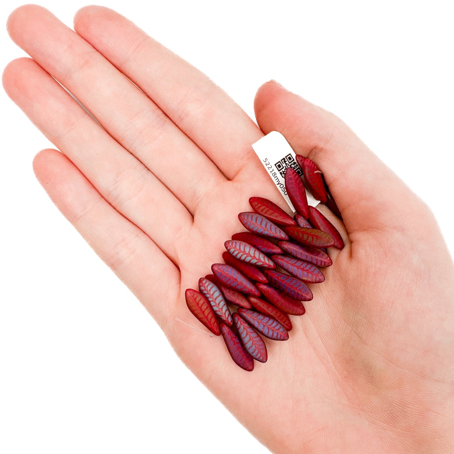 Laser Etched Medium Dagger (16x5mm) Red Opaque Matte with Rainbow Finish and Etched Leaf Design - 25 pc. Strand-The Bead Gallery Honolulu