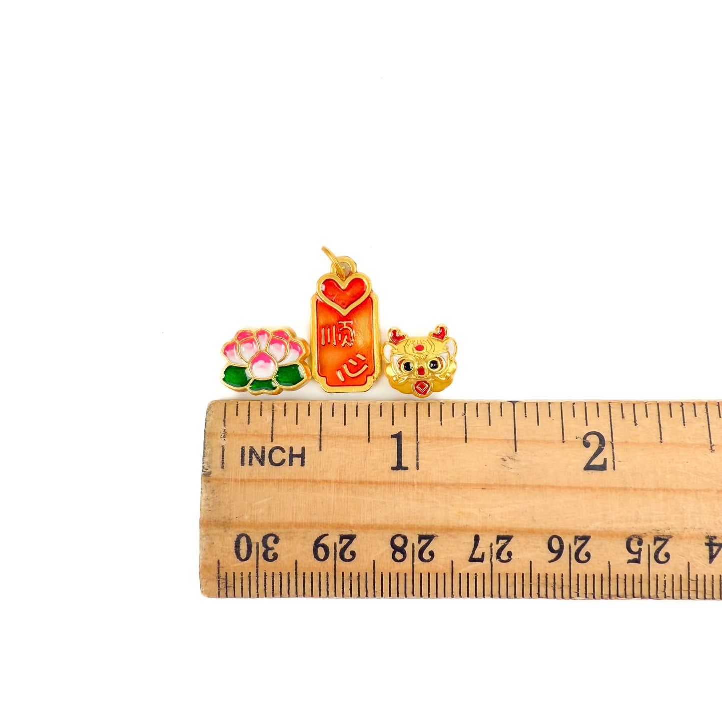 Lotus Flower, Lion Dance, and New Year Blessings Gold Enamel Bead/Charm Set (3 pcs/M2005)-The Bead Gallery Honolulu