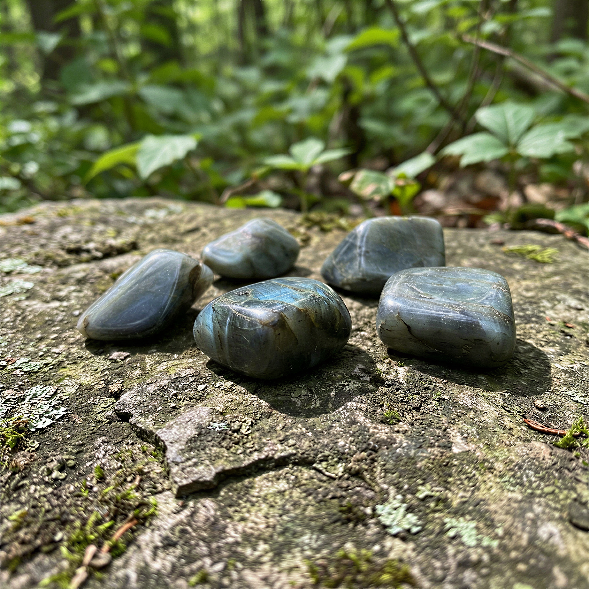 Large labradorite tumbled stone with peacock blue flash resting on mossy forest floor in soft natural light