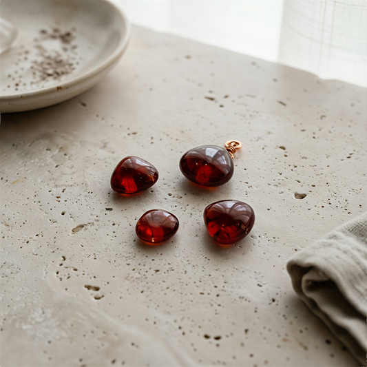 Smooth hessonite garnet heart briolette, tip-drilled, resting on pale stone with soft natural daylight.