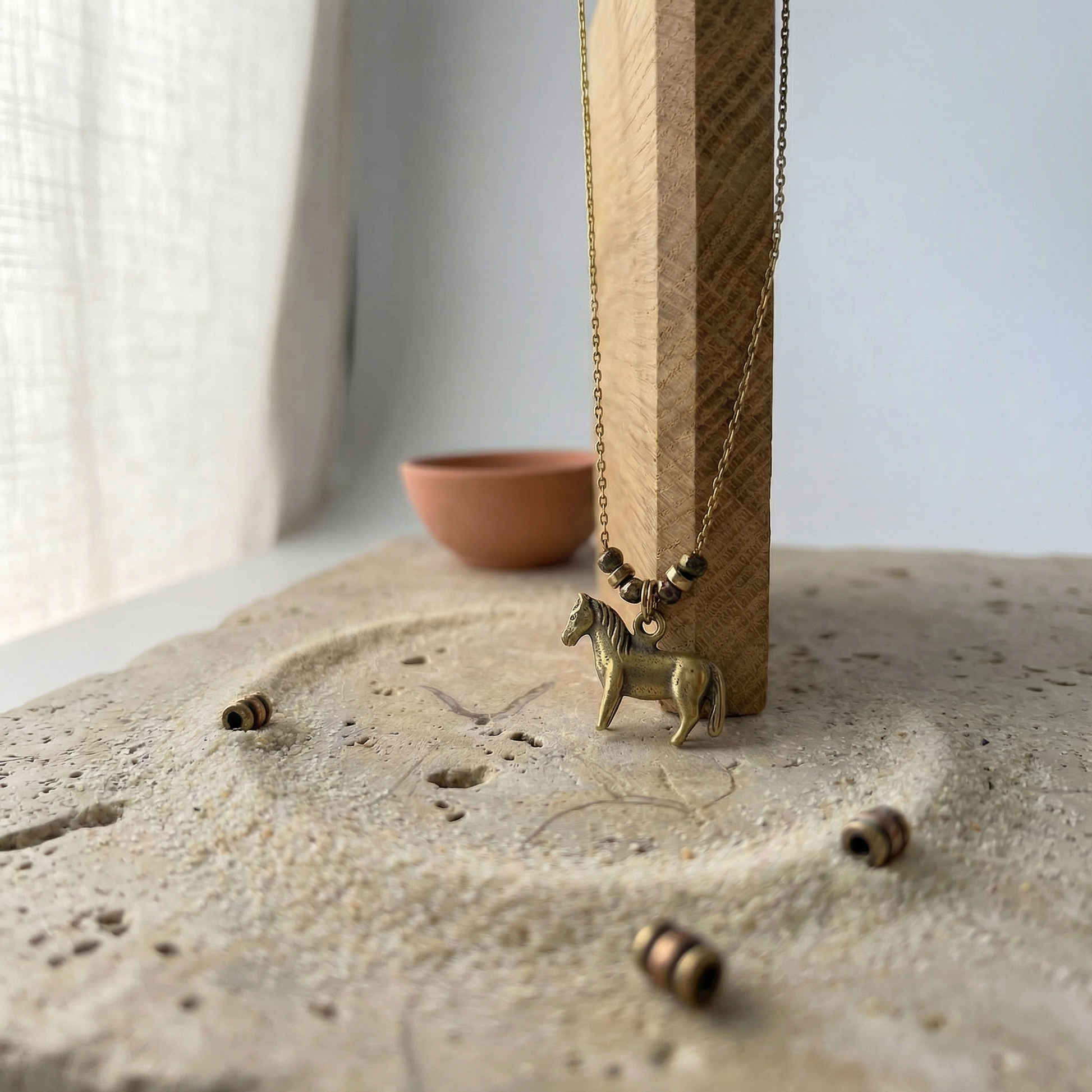 Antiqued Brass Horse Pendant Necklace with Spacer Beads - 1:1 aspect ratio