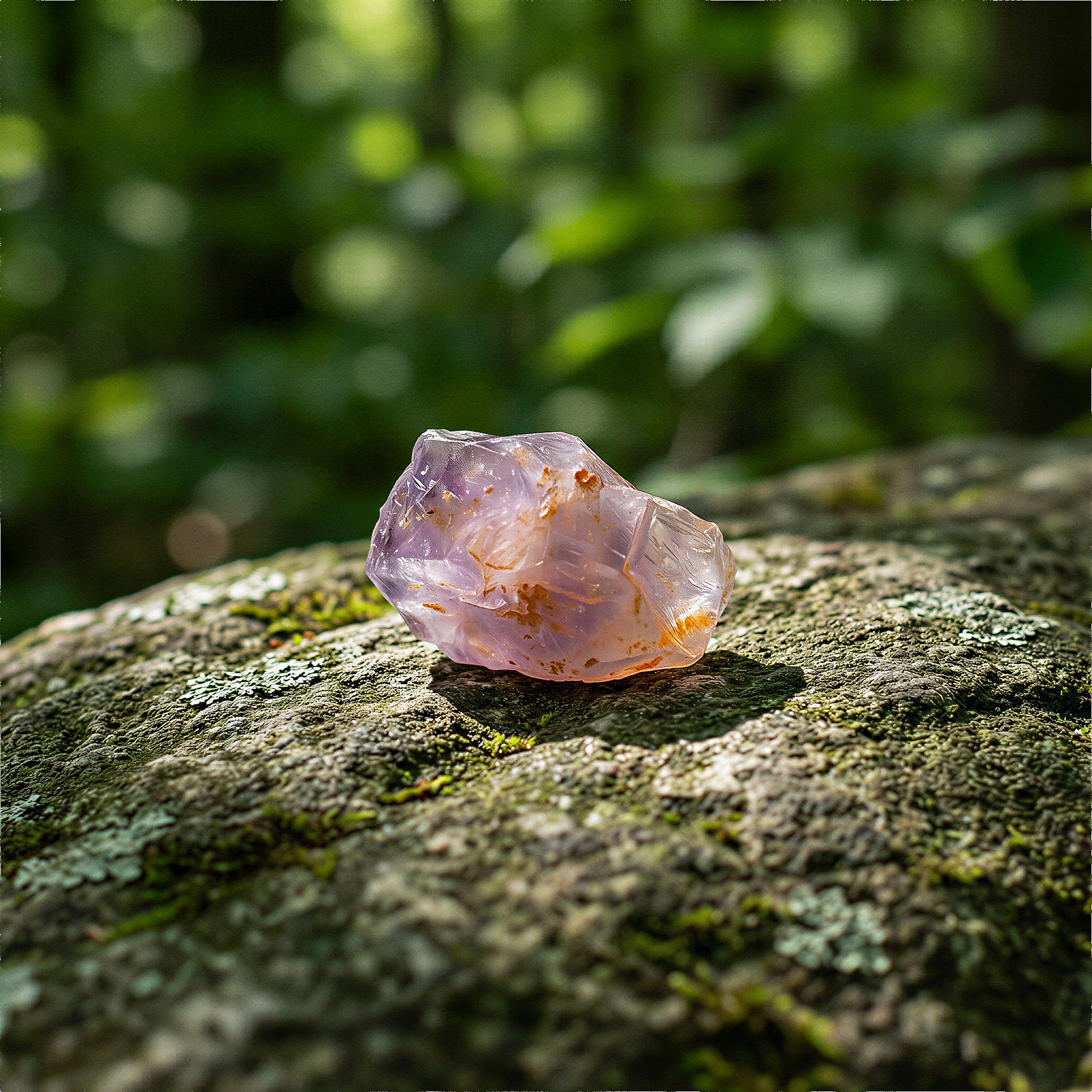 Raw passion amethyst point resting on mossy earth with soft forest light and natural textures