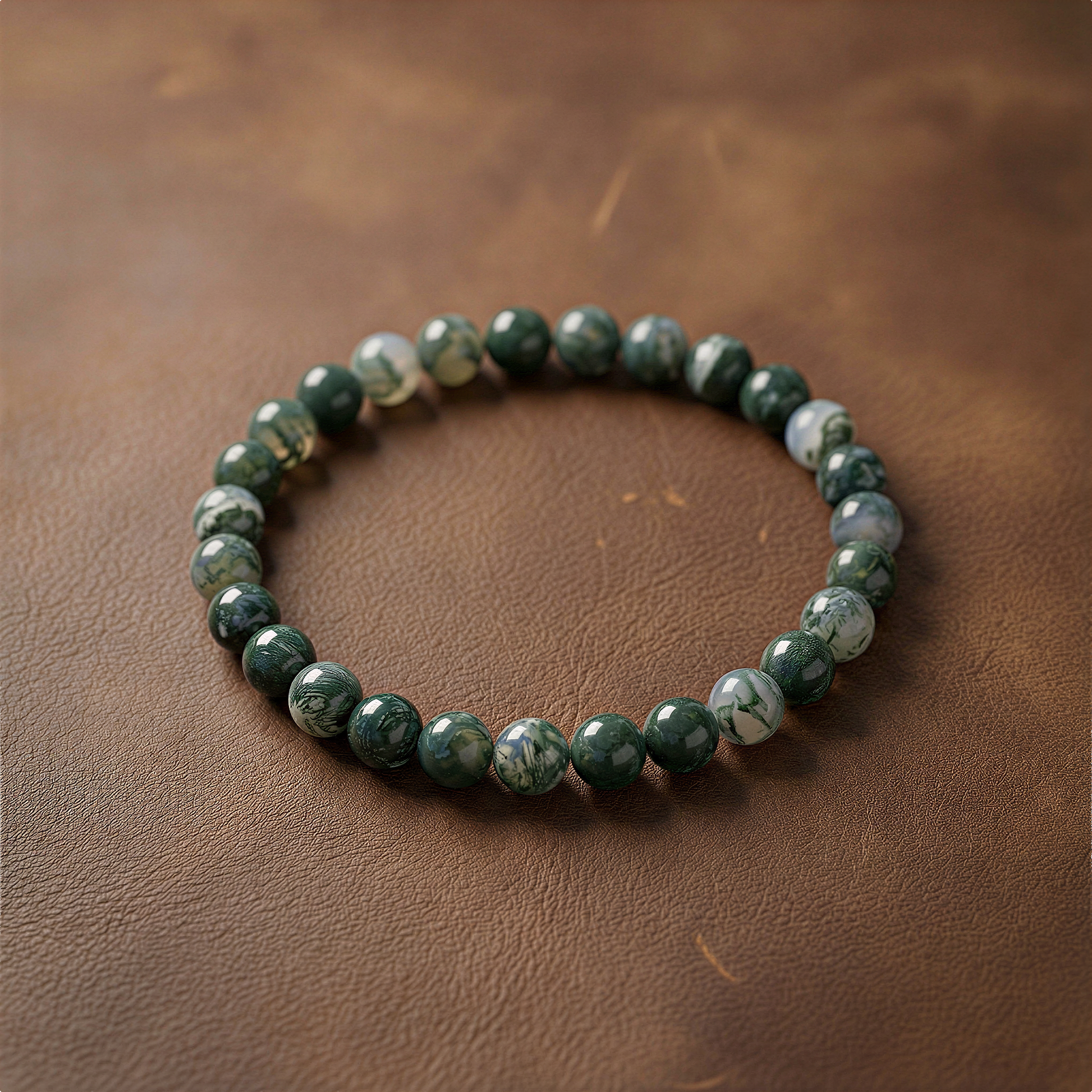 Moss agate round bead strand resting on linen stone surface with soft diffused light and organic calm tones