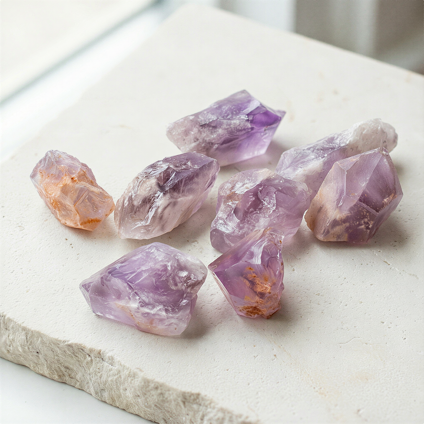 Raw amethyst point displayed on neutral stone surface with soft light, enhanced clarity and rich violet tones