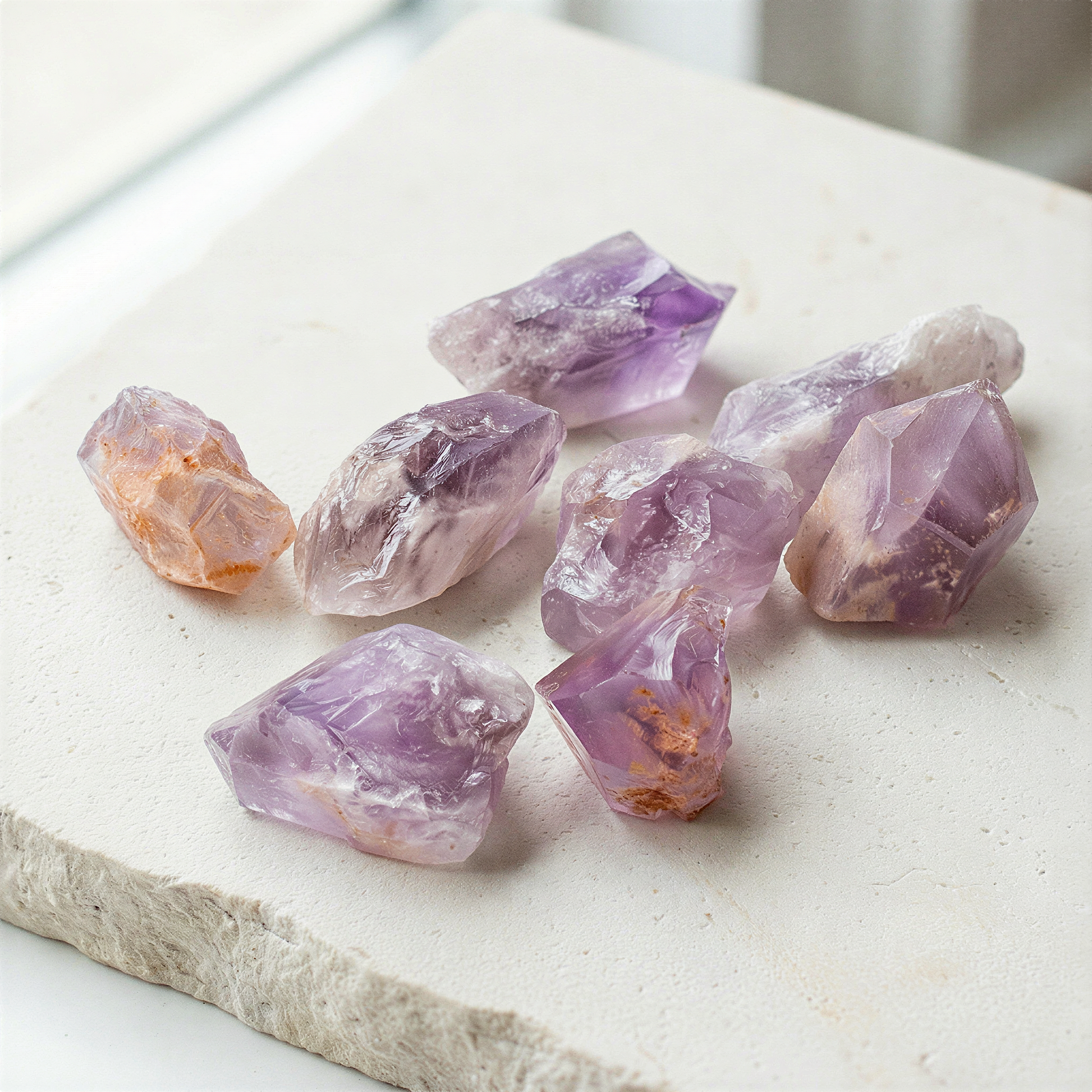 Raw amethyst point displayed on neutral stone surface with soft light, enhanced clarity and rich violet tones