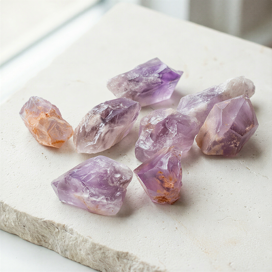 Raw amethyst point displayed on neutral stone surface with soft light, enhanced clarity and rich violet tones