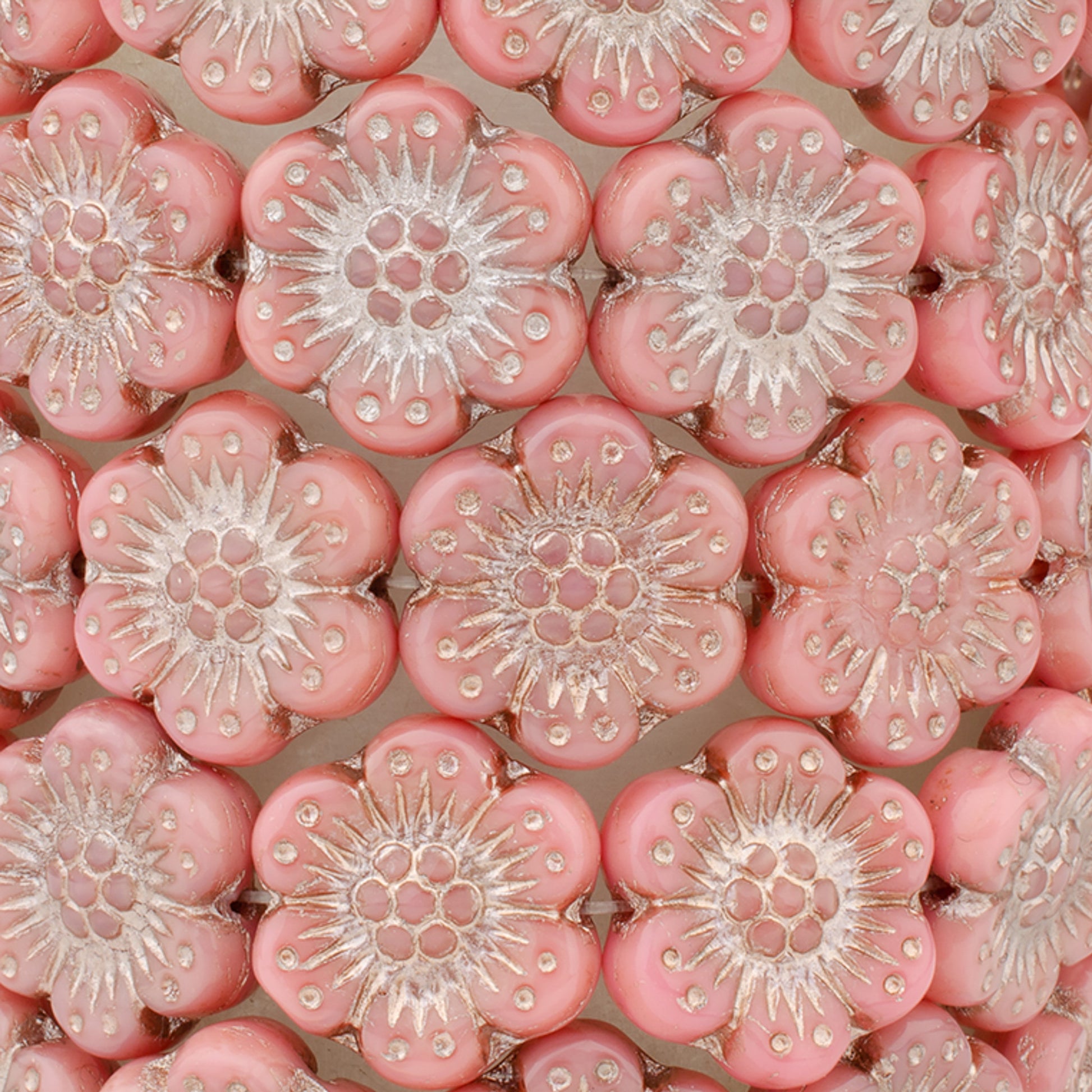 14mm Pink with Platinum Wash Wildflower Glass Bead - 6 pcs.-The Bead Gallery Honolulu