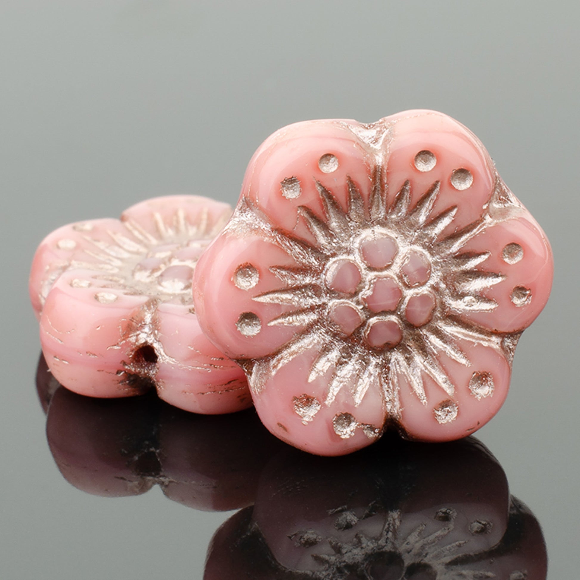 14mm Pink with Platinum Wash Wildflower Glass Bead - 6 pcs.-The Bead Gallery Honolulu