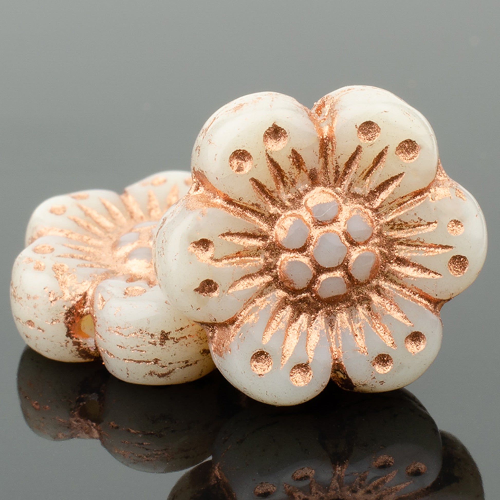 14mm Ivory with Copper Wash Wildflower Glass Bead - 6 pcs.-The Bead Gallery Honolulu