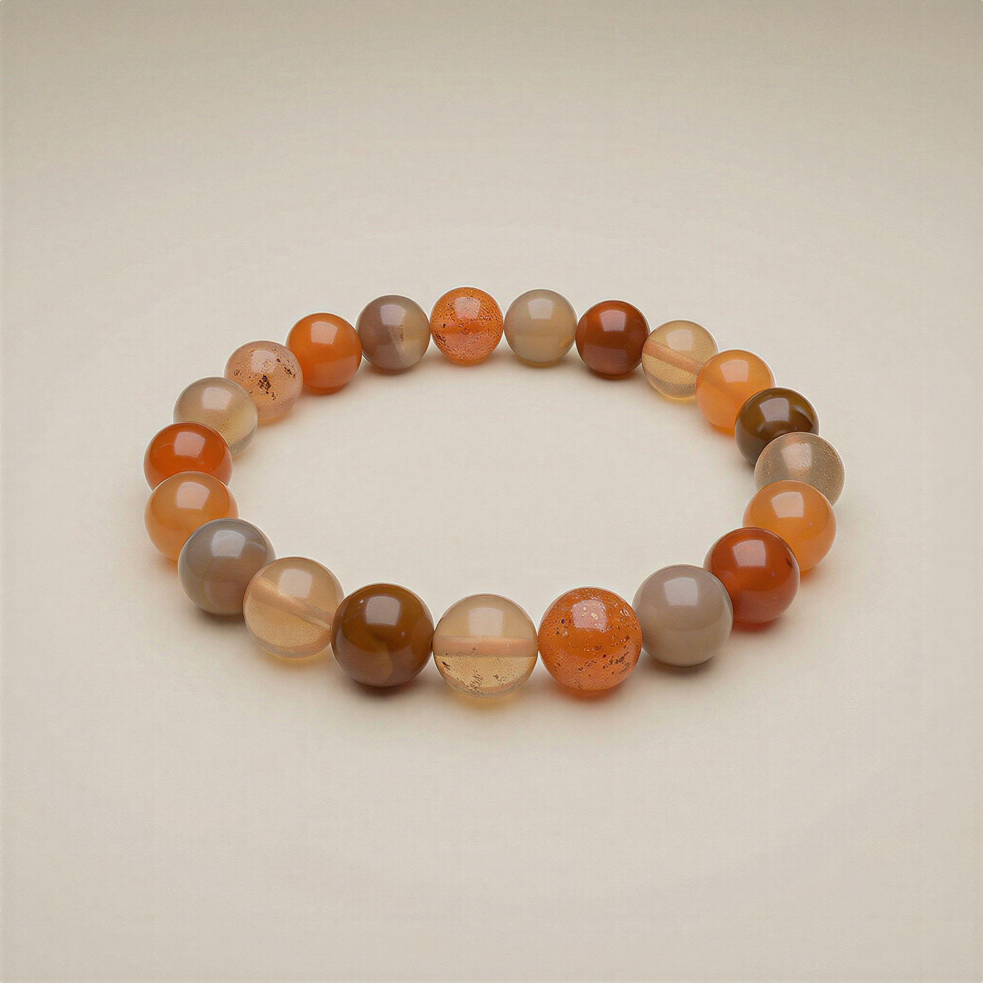 Mochi agate round-bead bracelet displayed as a perfect circle on a seamless neutral surface, softly lit to reveal gentle pastel tones and smooth stone texture.