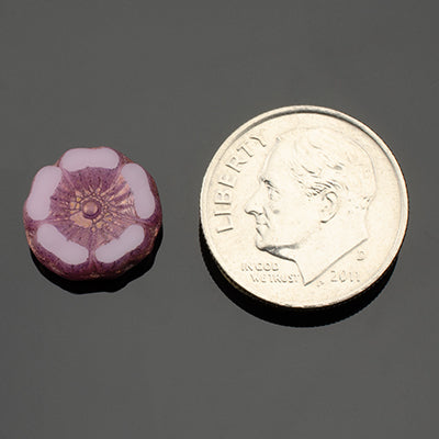 Hibiscus Flower Pink Opaline with Purple Bronze Finish 12mm Glass Bead - 12 pcs.-The Bead Gallery Honolulu