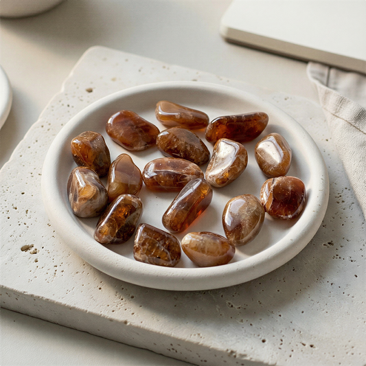 Spessartite garnet tumbled pocket stone resting on natural linen with soft daylight and subtle earthen textures