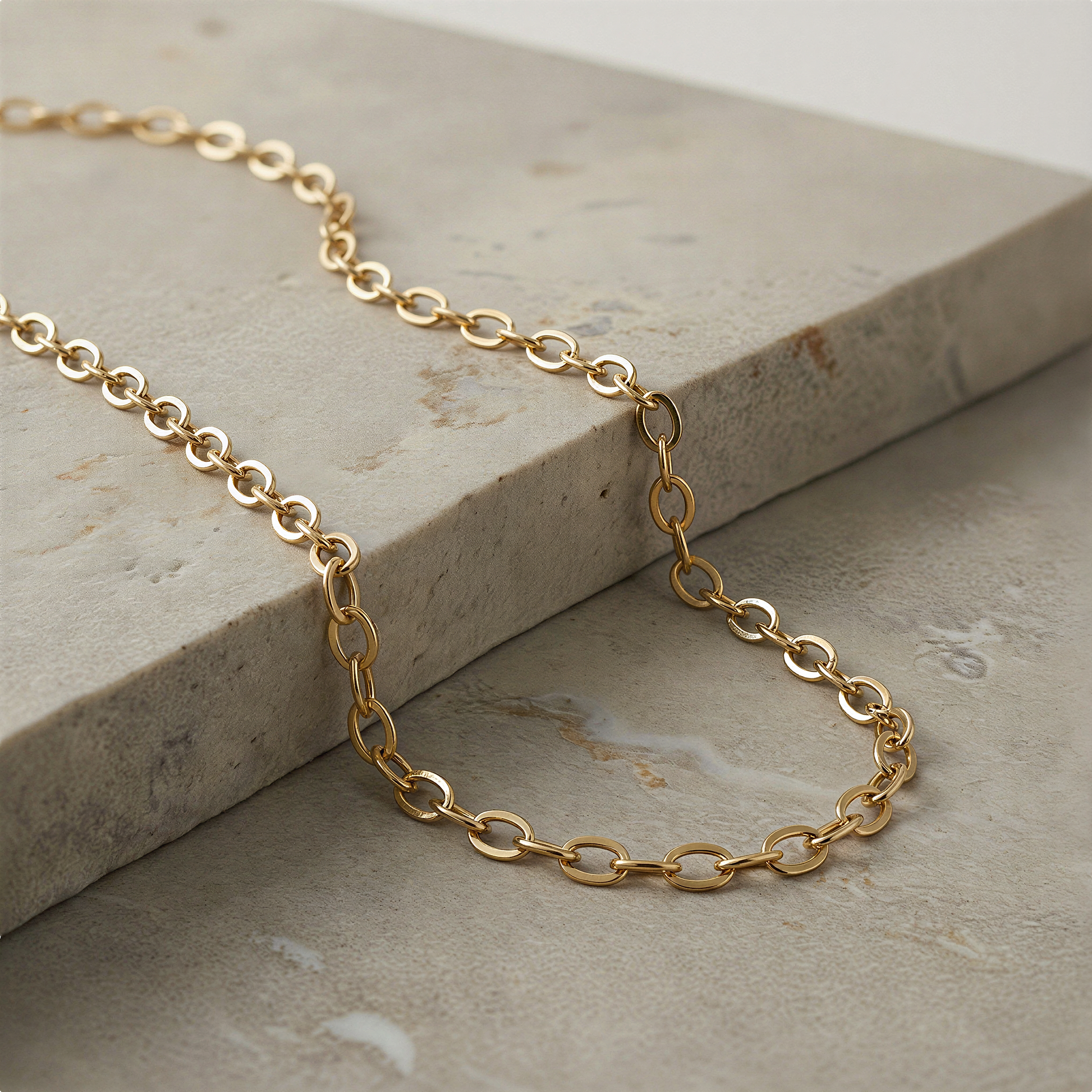 Gold fill flat cable chain resting on ivory silk with soft, balanced studio lighting.