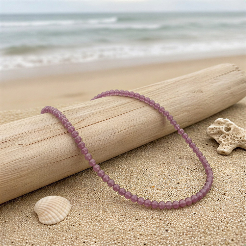 Single strand of tiny faceted rhodolite garnet beads resting on a neutral surface, rich wine-red facets catching soft, natural studio light.