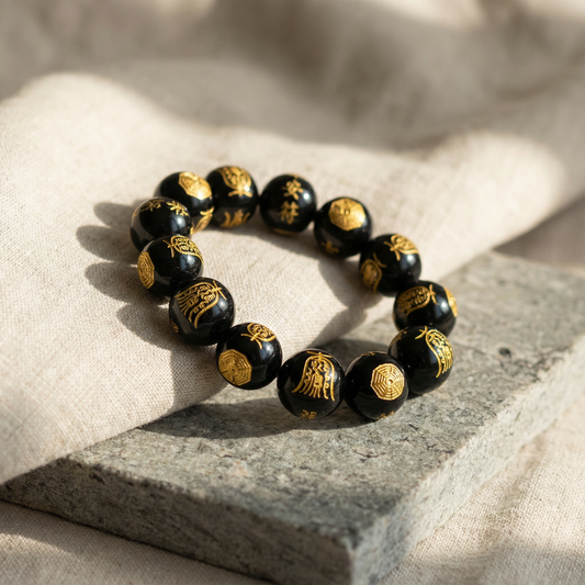 Gold Protection Symbols on Black Agate Smooth Round Bead - 7.25" Strand (GEM2459) – AI Studio Image (Transformed)