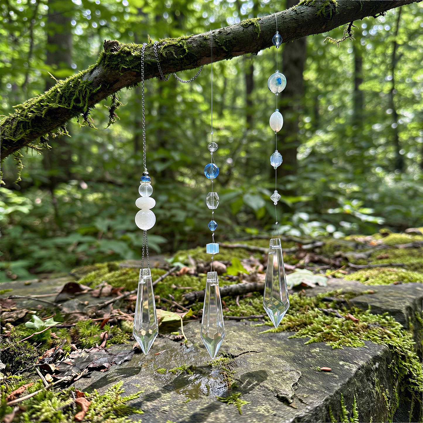 Crystal ornament lightcatcher nestled among mossy branches, diffused sunlight creating calm, organic forest ambiance