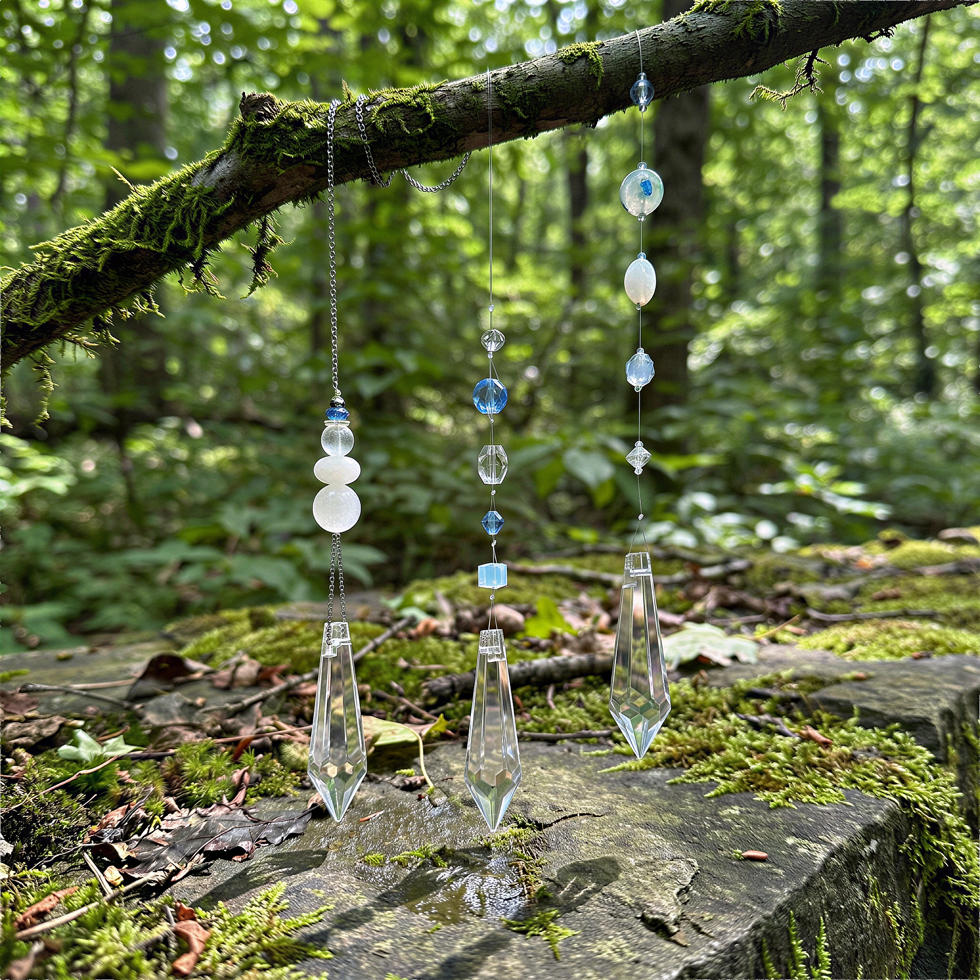 Crystal ornament lightcatcher nestled among mossy branches, diffused sunlight creating calm, organic forest ambiance