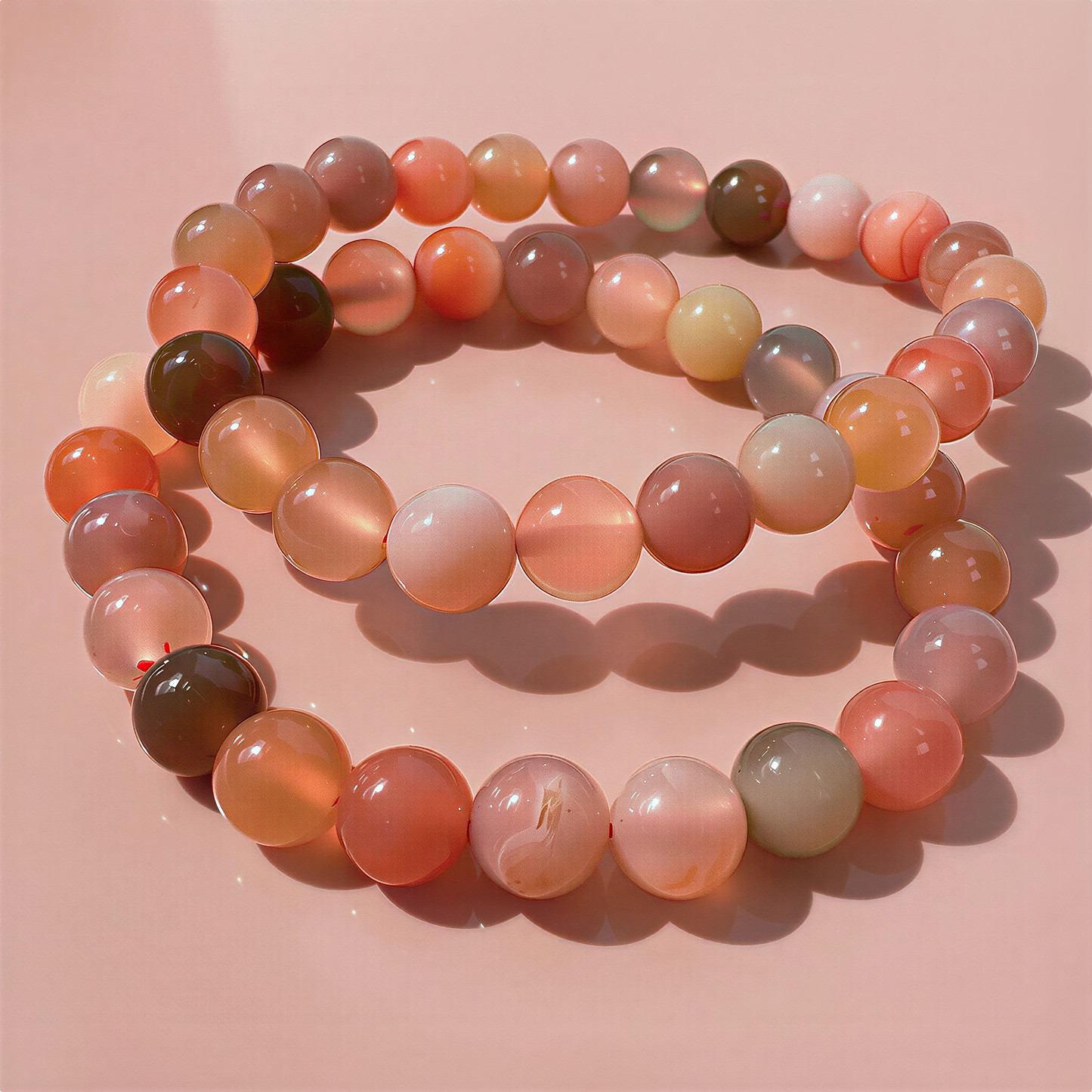 Smooth round Mochi agate bead bracelet with soft glossy reflections, resting against a clean light rose backdrop under gentle studio lighting