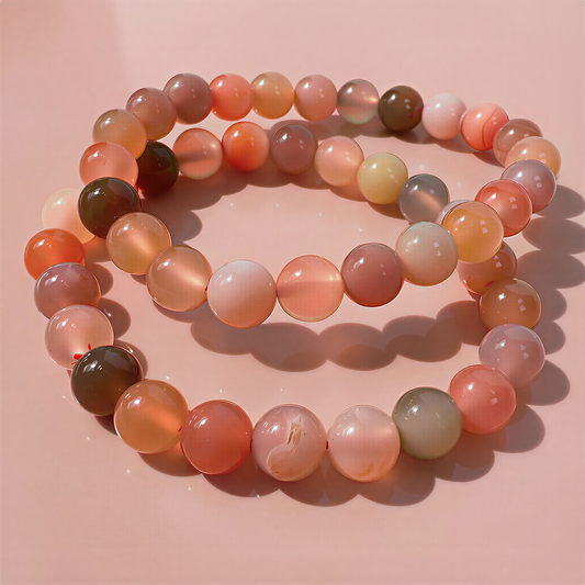 Smooth round Mochi agate bead bracelet with soft glossy reflections, resting against a clean light rose backdrop under gentle studio lighting
