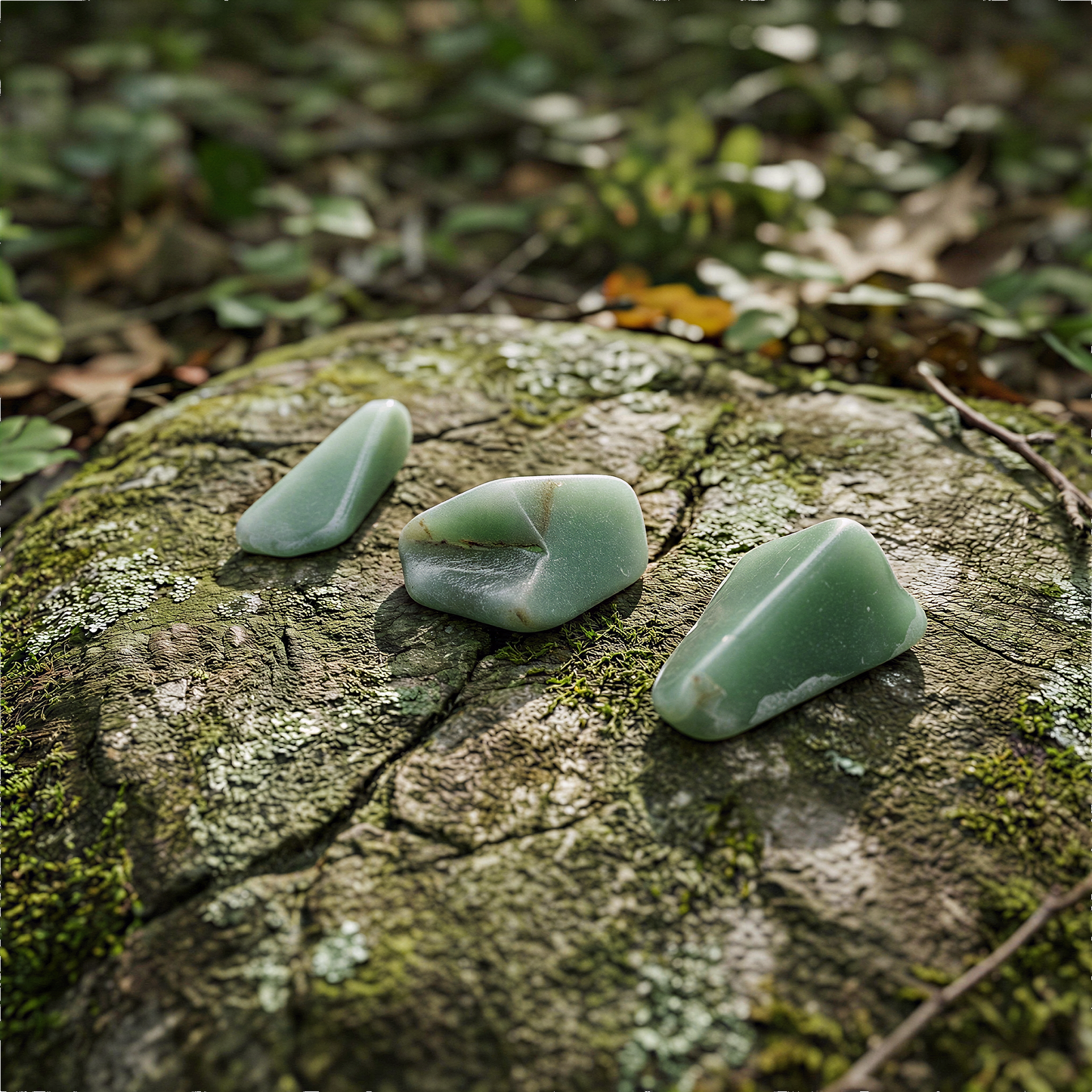 Three green aventurine tumbled stones resting on mossy wood with soft forest light and earthy textures