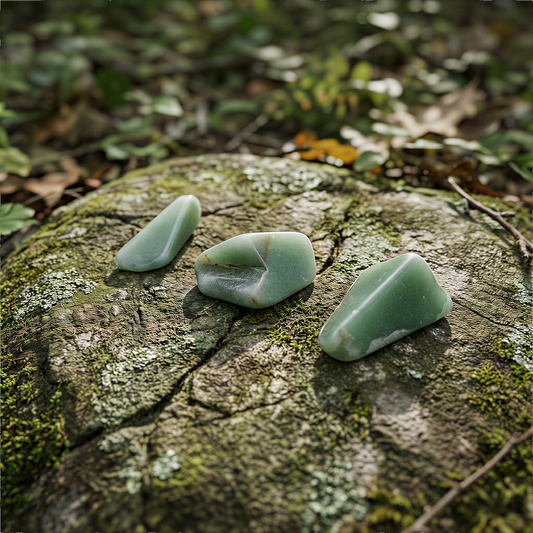 Three green aventurine tumbled stones resting on mossy wood with soft forest light and earthy textures
