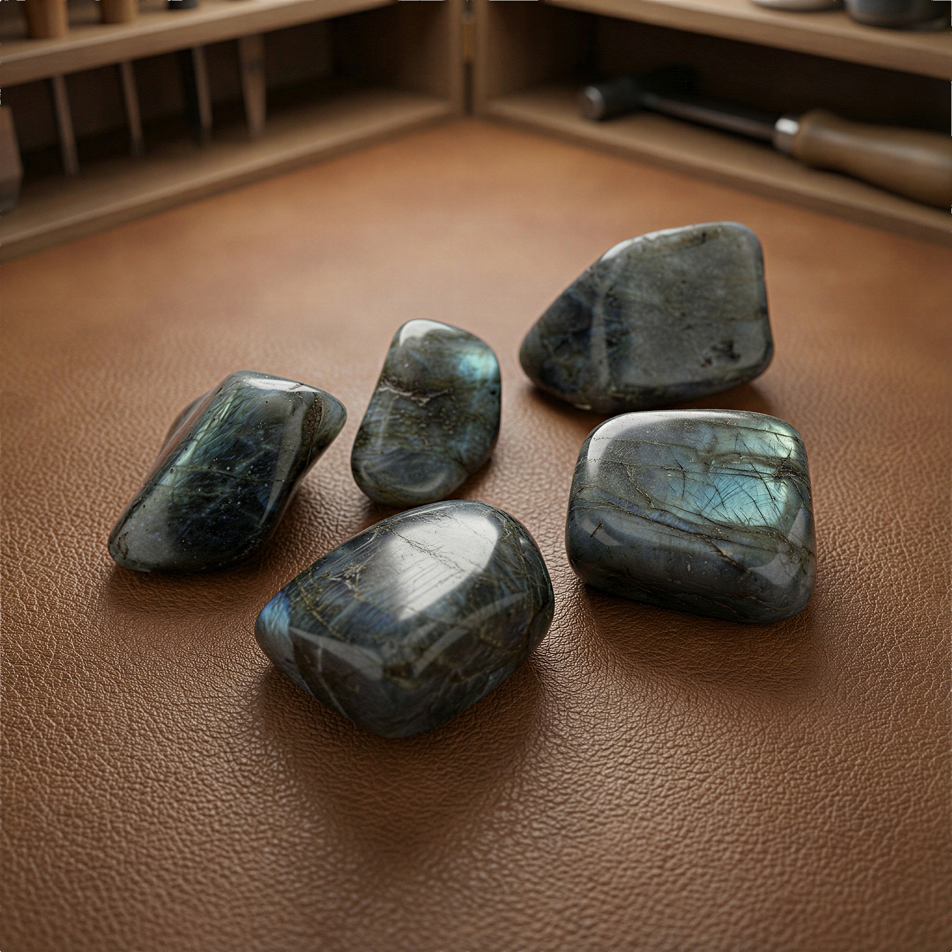 Large labradorite tumbled stone displaying peacock blue flash on natural stone surface in soft, serene light