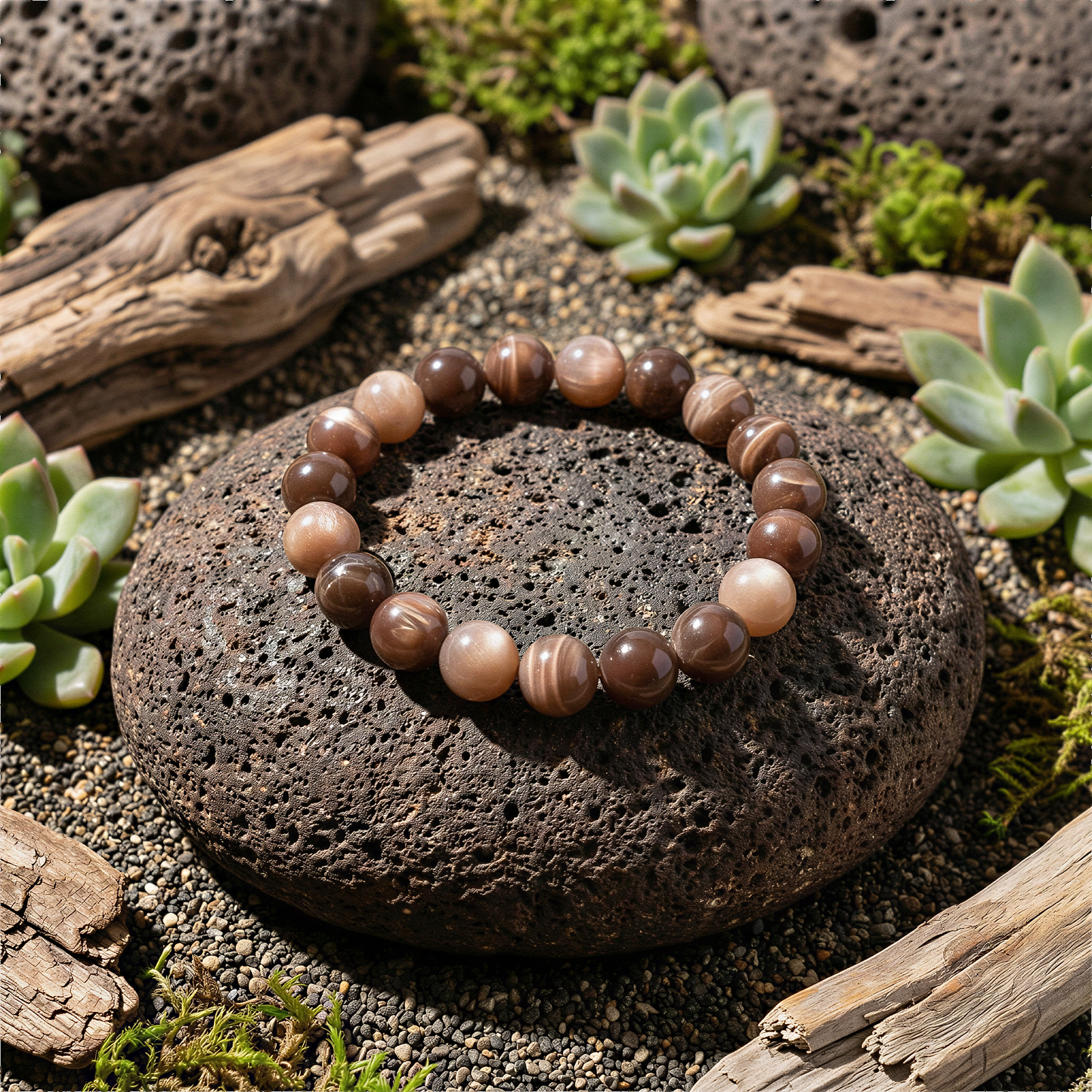 Chocolate moonstone 10mm bead stretchy bracelet styled outdoors with warm earth tones, soft natural light, and tropical greenery