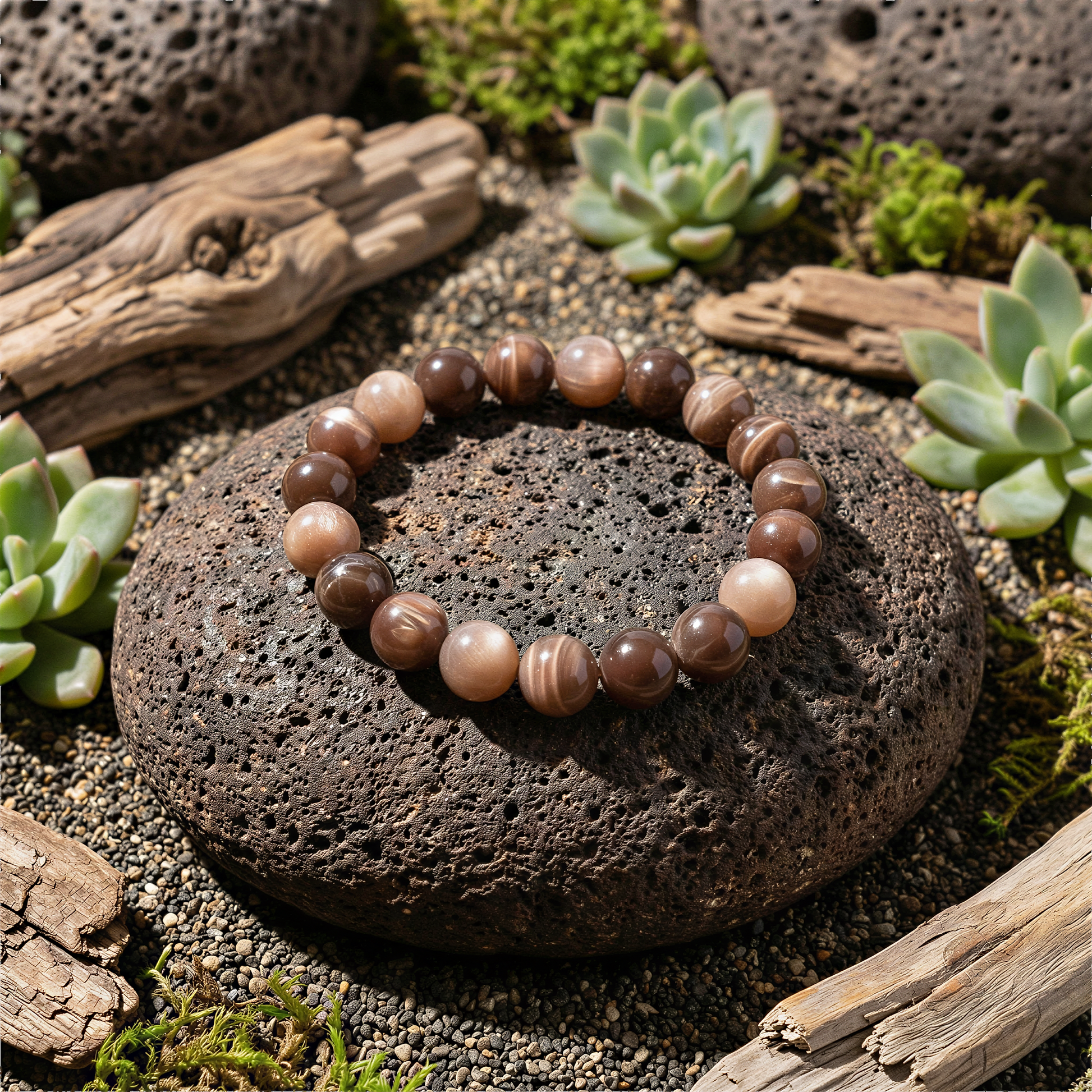 Chocolate moonstone 10mm bead stretchy bracelet styled outdoors with warm earth tones, soft natural light, and tropical greenery