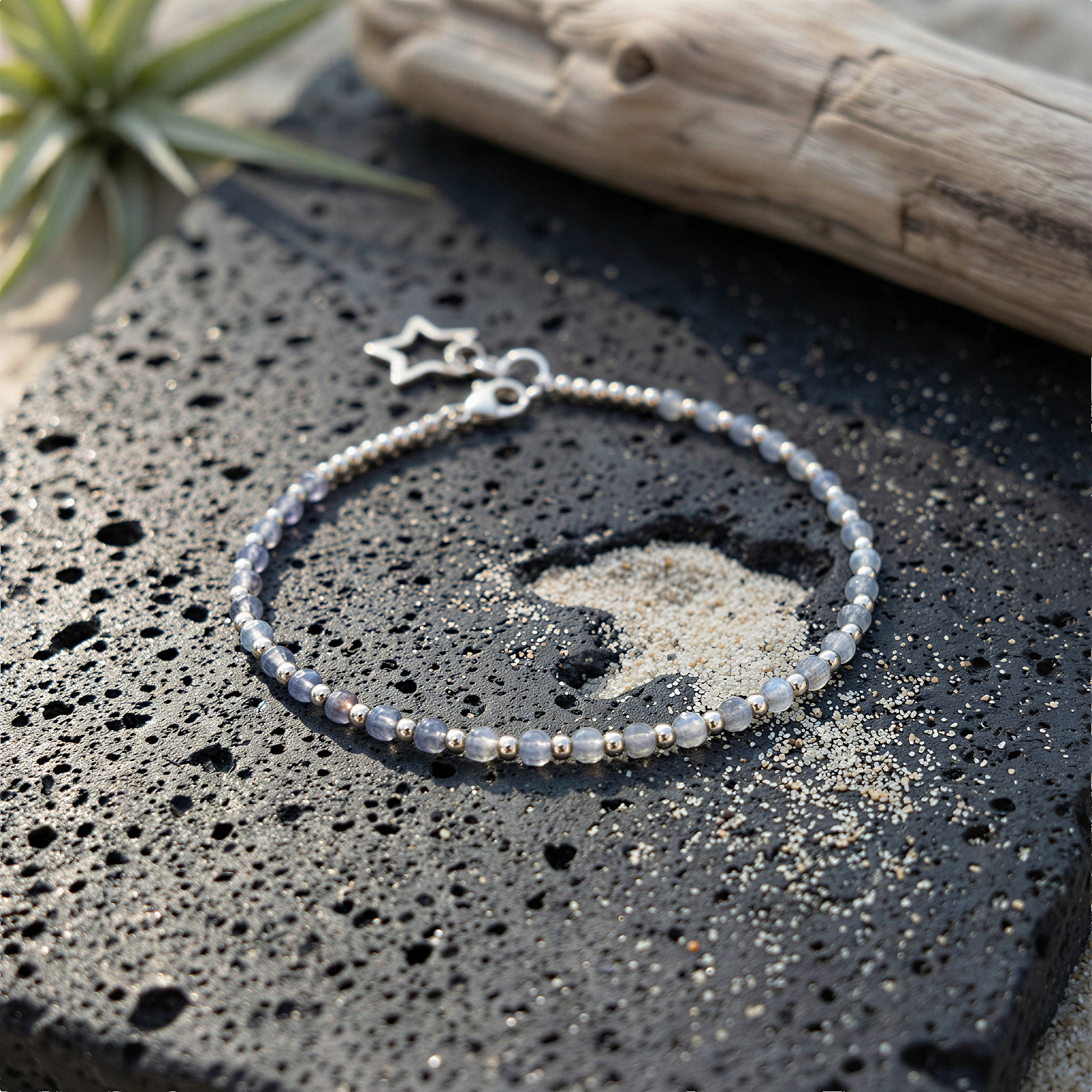 Tin box bracelet kit styled outdoors with earth tones, organic textures, soft Hawaiian-inspired natural light