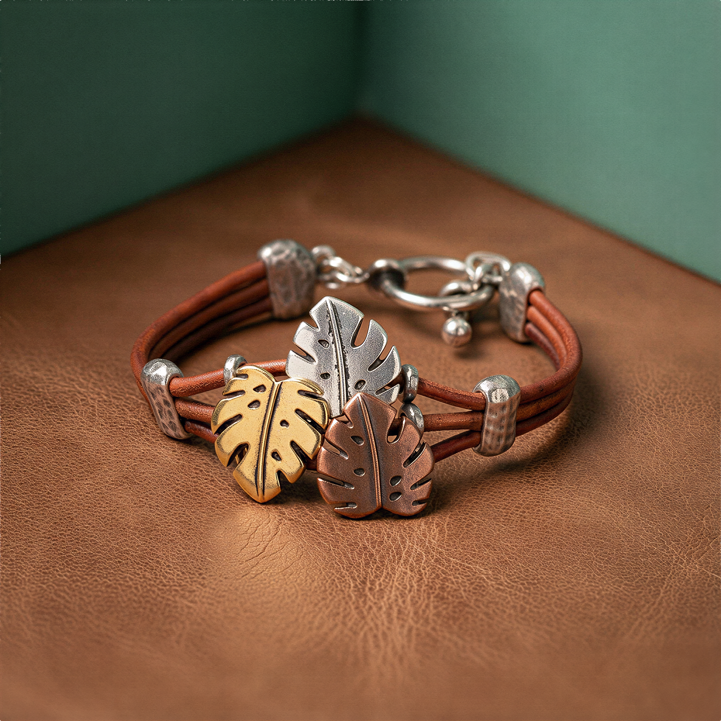 Triple-strand leather bracelet kit arranged with jade accents on linen, soft natural light, botanical calm.