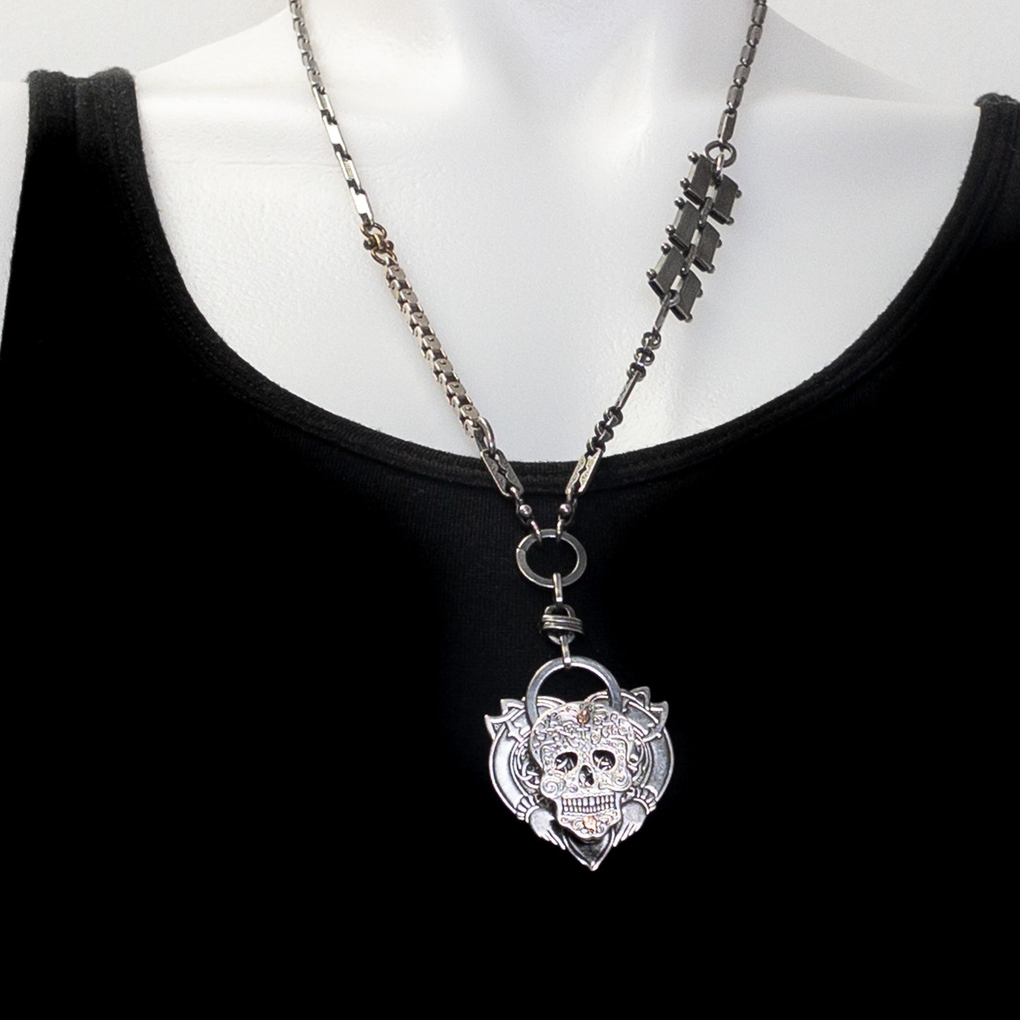 24" Sugar Skull On Claddagh Heart Mixed Metal Necklace - 1 pc.-The Bead Gallery Honolulu