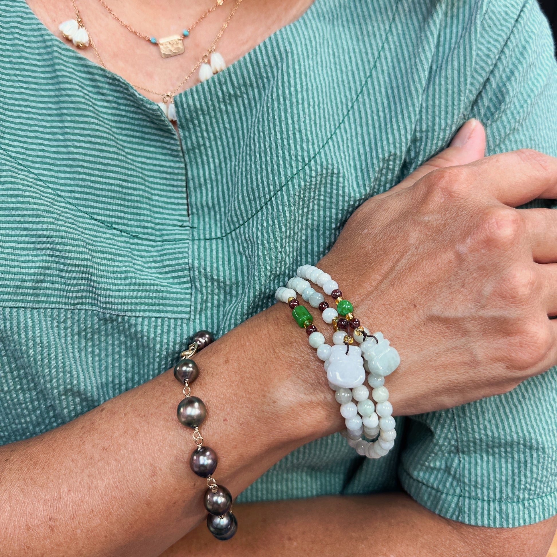 Jade 6mm Round Triple Wrap Stretchy Cord Necklace with Prosperity Charms (J169)-The Bead Gallery Honolulu