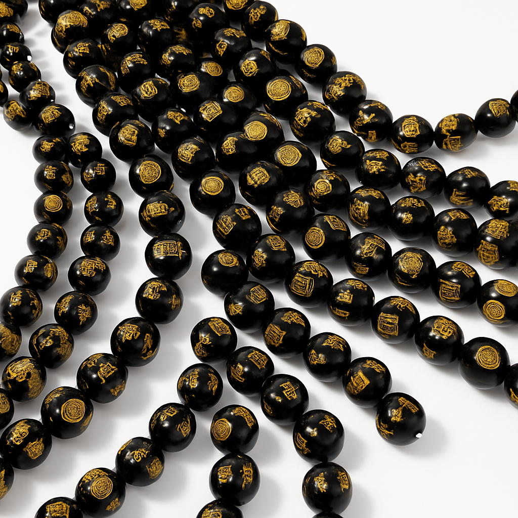 Gold Protection Symbols on Black Agate 10mm Smooth Round Bead - 7.25" Strand (GEM2459)