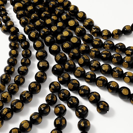 Gold Protection Symbols on Black Agate 10mm Smooth Round Bead - 7.25" Strand (GEM2459)