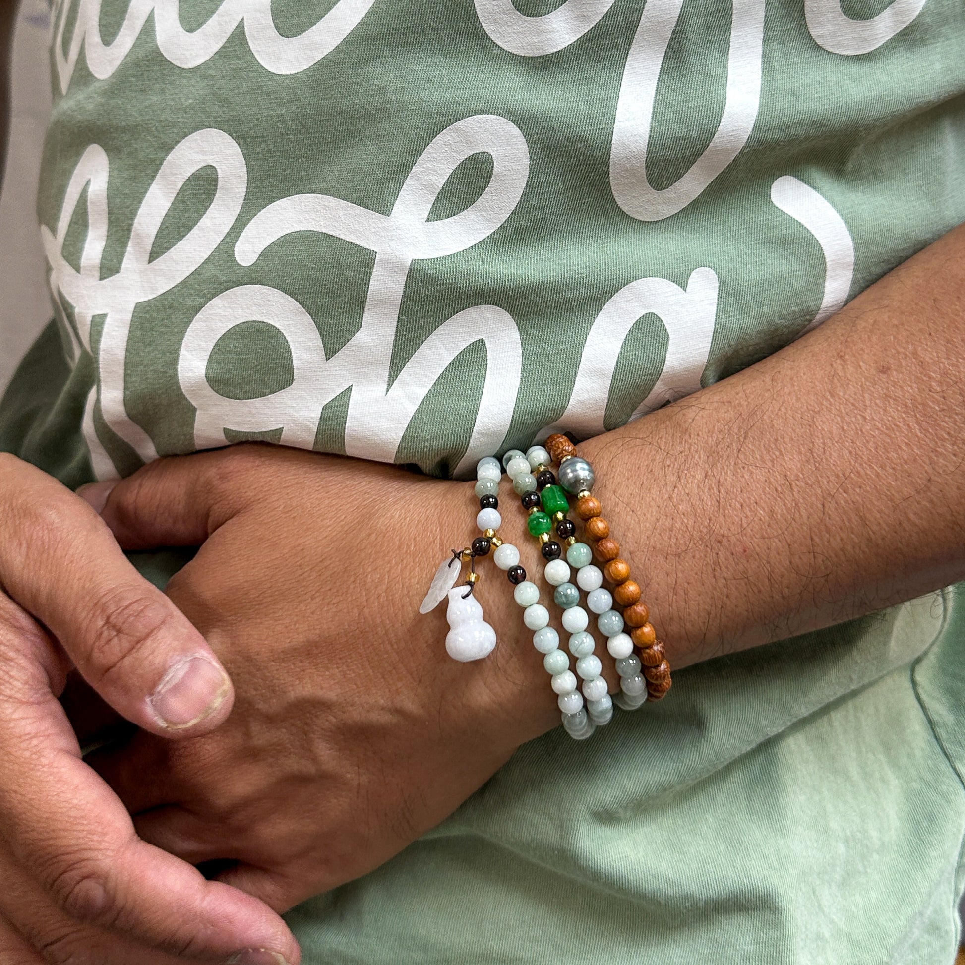 Jade 6mm Round Triple Wrap Stretchy Cord Necklace with Prosperity Charms (J169)-The Bead Gallery Honolulu