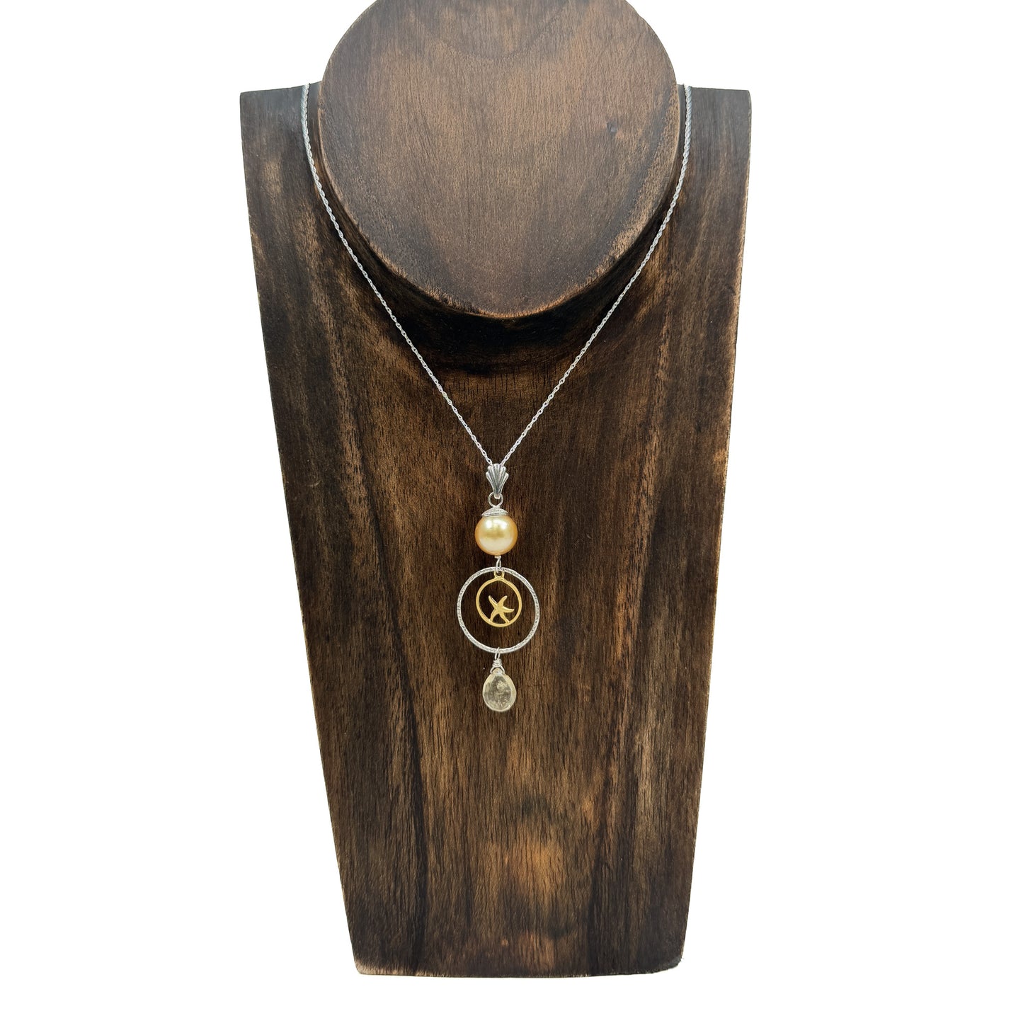 Golden Pearl Pendant Necklace with Starfish Charm and Citrine (J372)