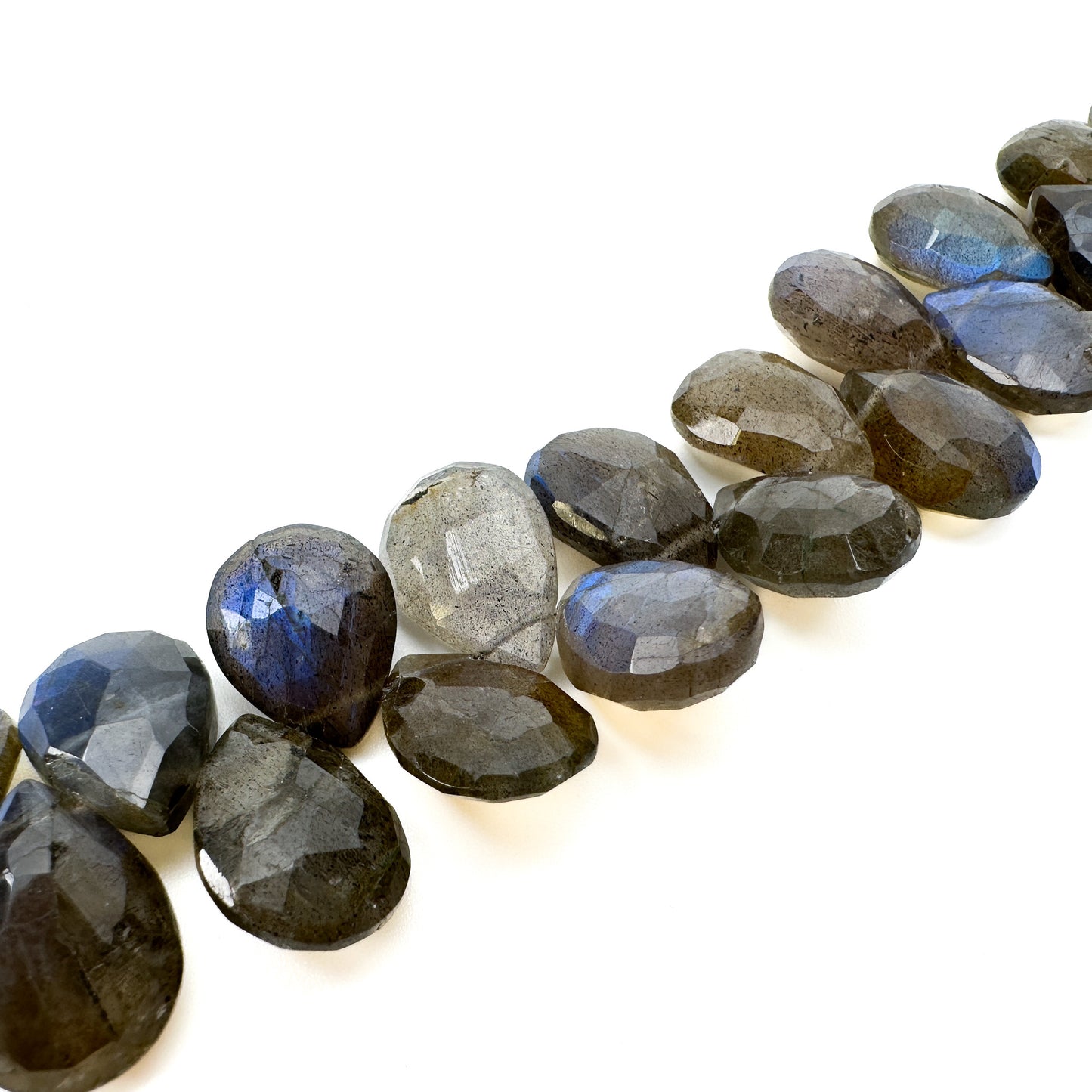 Labradorite Large Flat Faceted Pear Drop Tip Drill Briolette Bead - 7.5" Strand (J299)