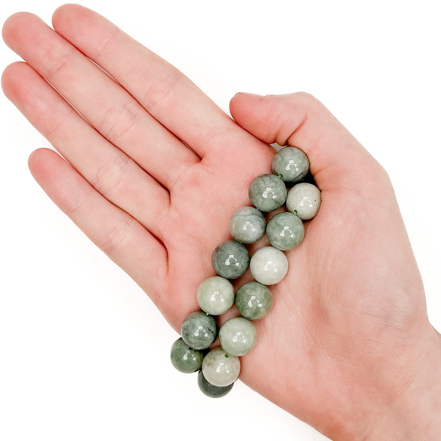 Burmese Genuine Jade Bracelet Round Beads 12 mm Carved Every Grain, White  Green