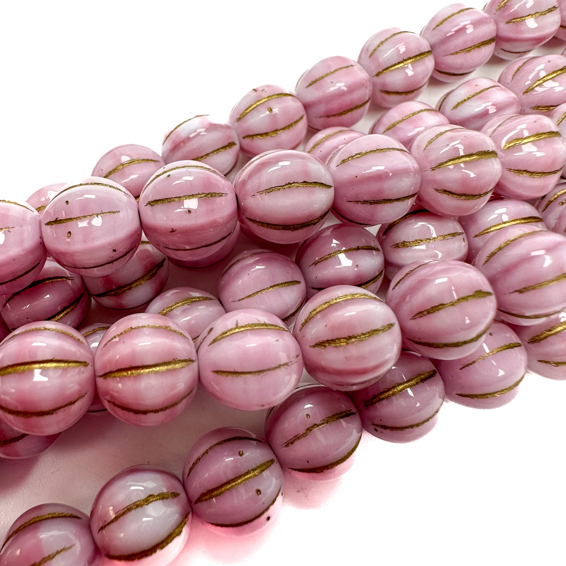 Pink and White with Gold Wash 8mm Melon Glass Bead - 16 pcs.-The Bead Gallery Honolulu