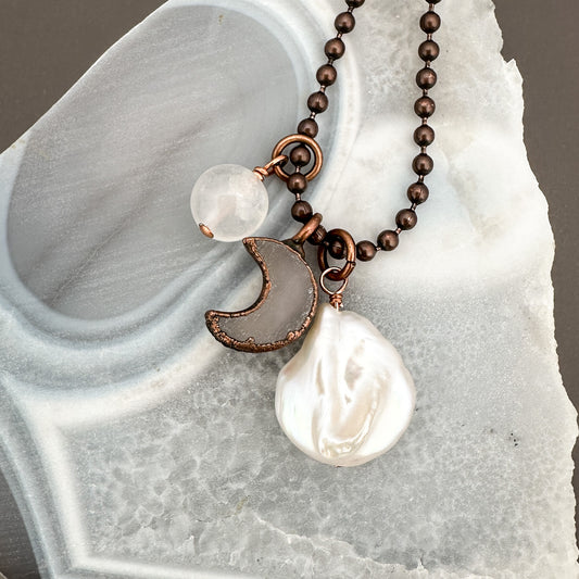 *RESERVED: Moon Glow Small Drusy Crescent Moon Antique Copper Necklace - 1 set (J92)