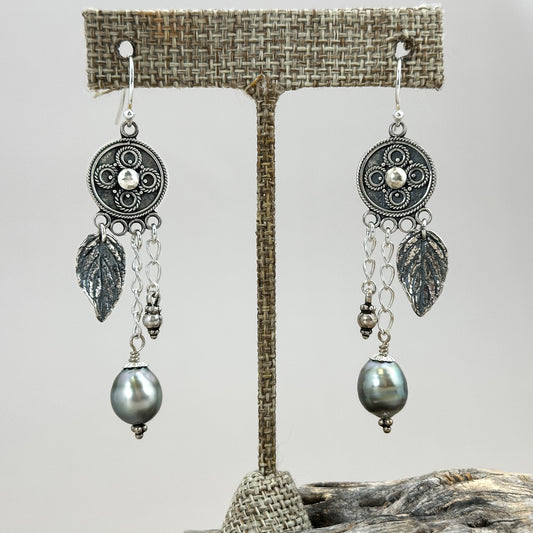 Tahitian Pearls Silver Medallion Finished Earrings - 1 pair (J222)