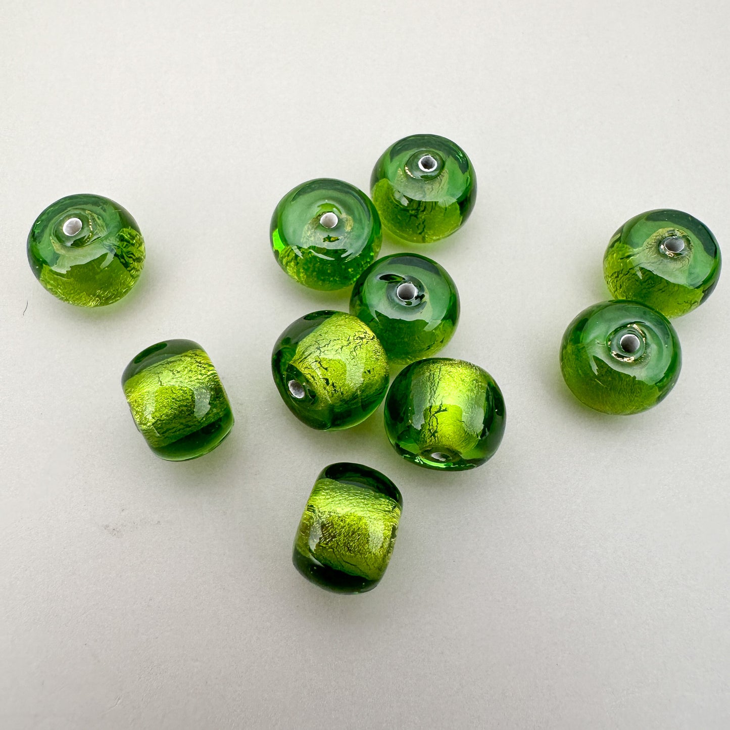 Vintage Handmade Czech Lampwork 9mm Green with Gold Core Glass Bead - 1 pc. (Z589)