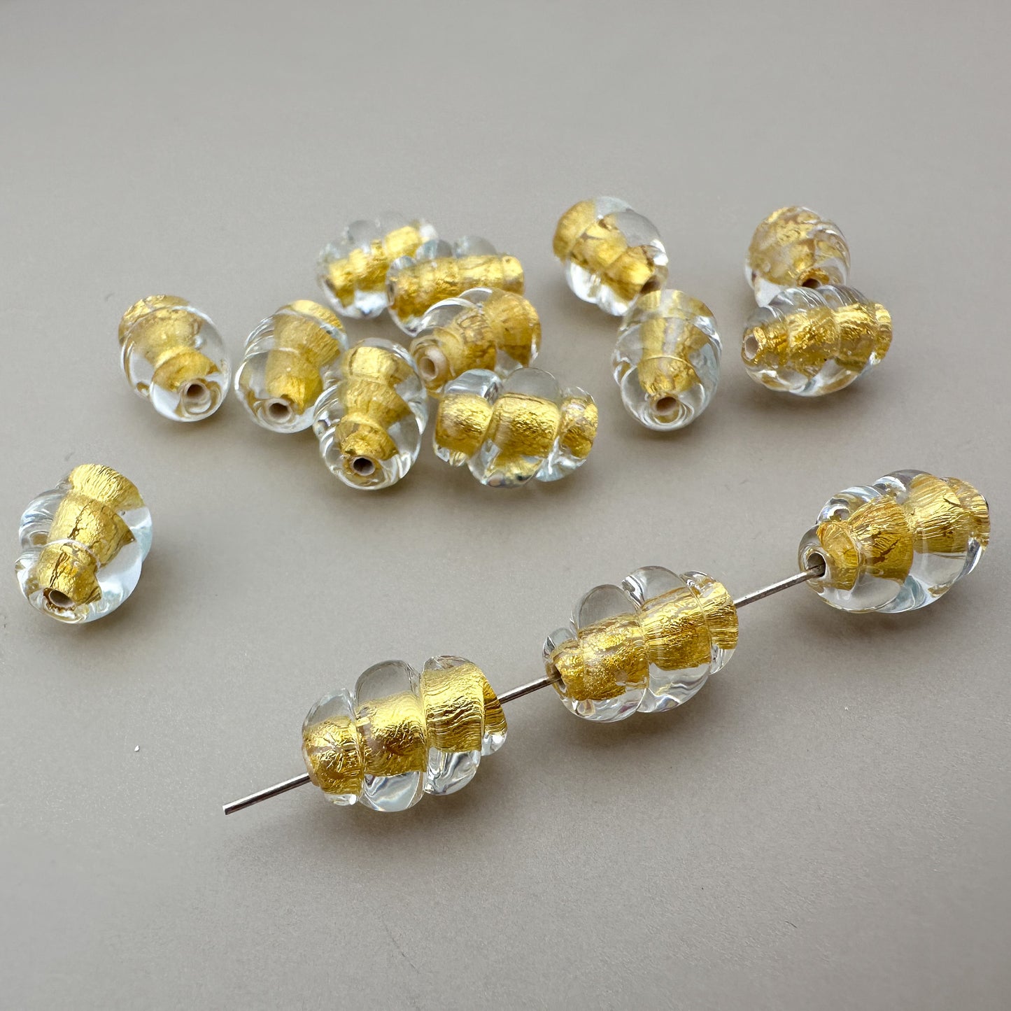 Vintage Handmade Czech Lampwork 8x12mm Clear with 24k Gold Foil Core Spiral Oval Glass Bead - 1 pc. (Z797)