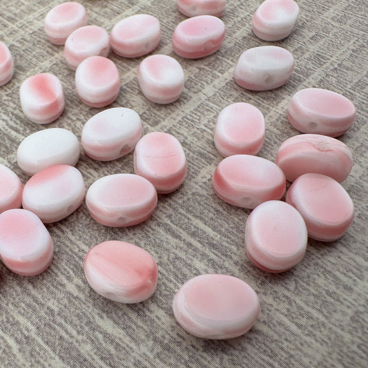Vintage German 6x8mm Pink and White Flat Oval Glass Bead - 4 pcs. (Z302)