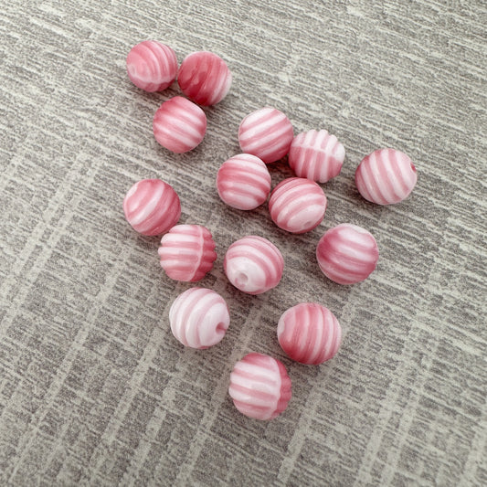 Vintage German 7x8mm Pink and White Striped Round Glass Bead - 2 pcs. (Z301)