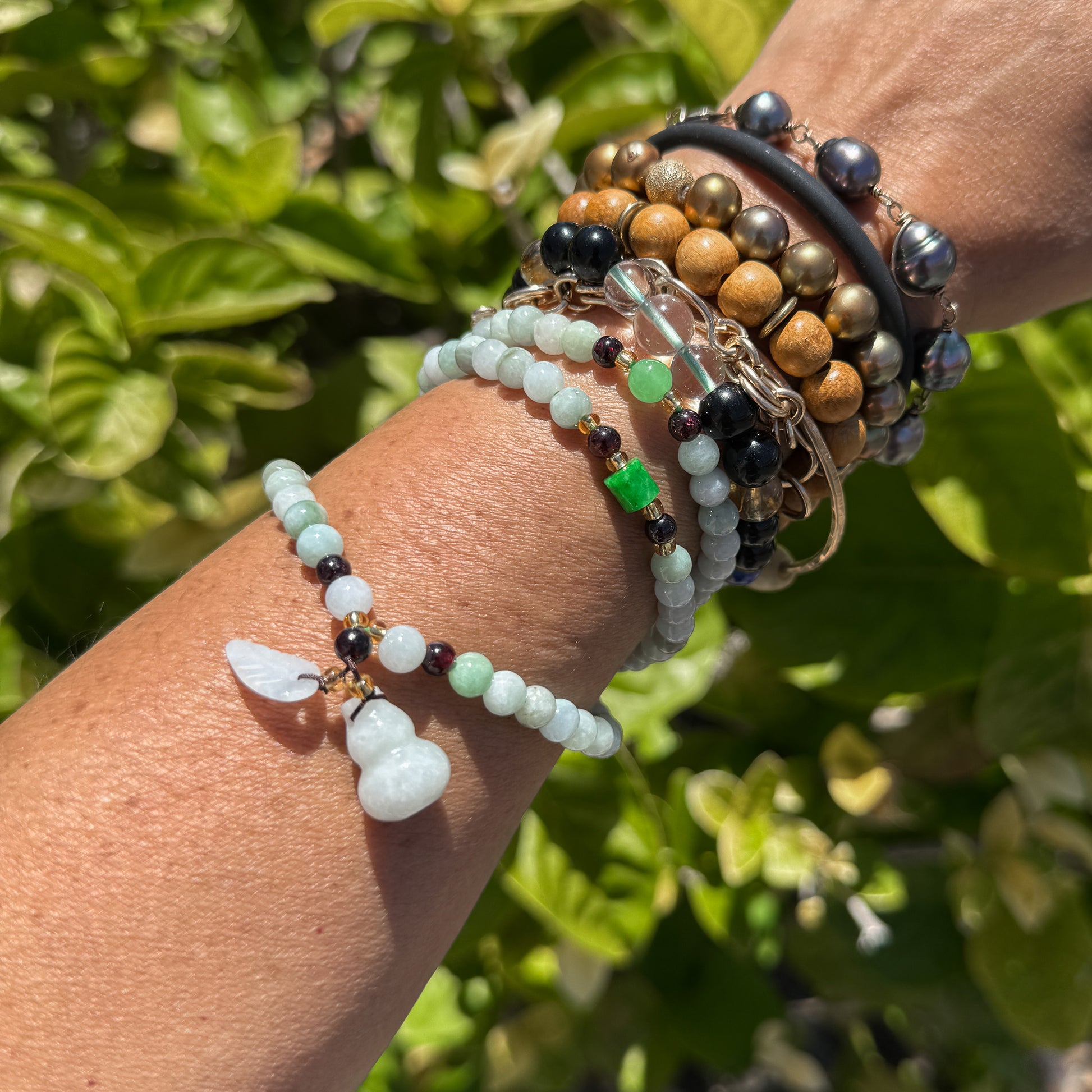 Jade 6mm Round Triple Wrap Stretchy Cord Necklace with Prosperity Charms (J169)-The Bead Gallery Honolulu