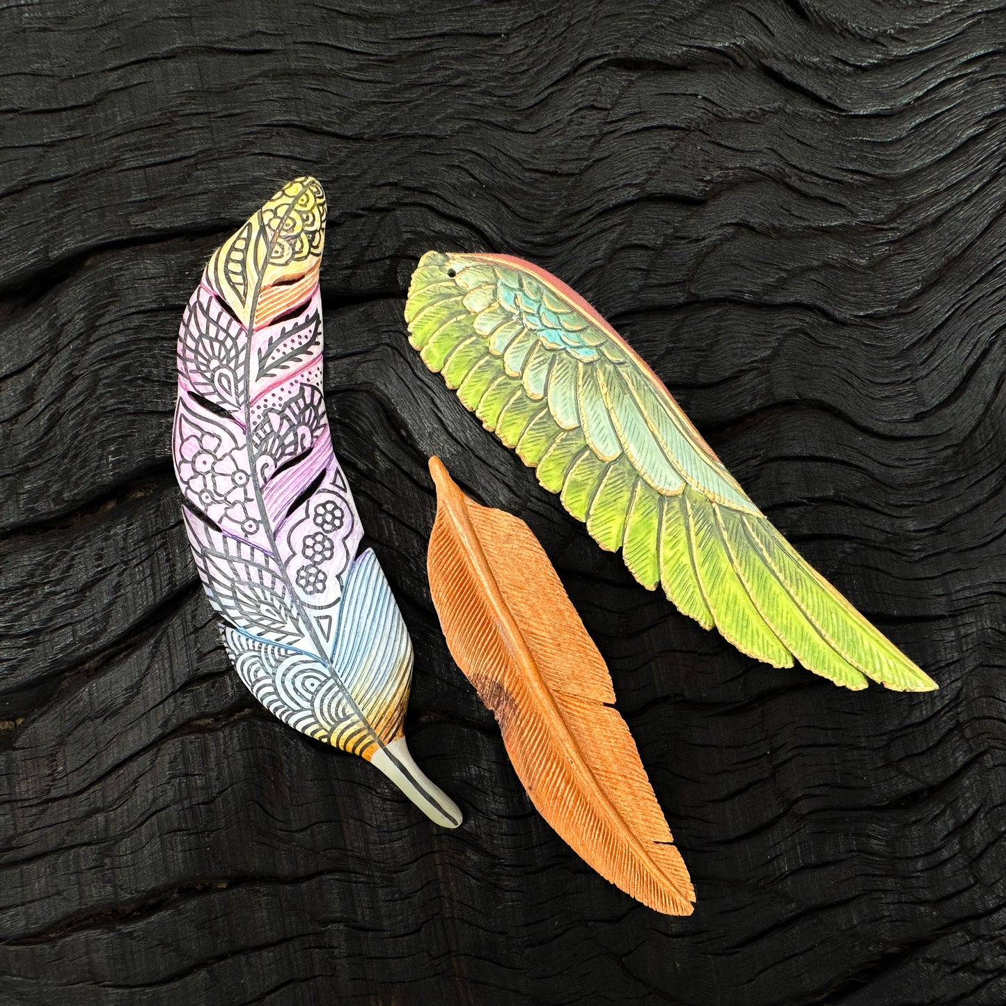 Wing and Feather Pendants - Handcarved & Handpainted Wood from Bali (J267)